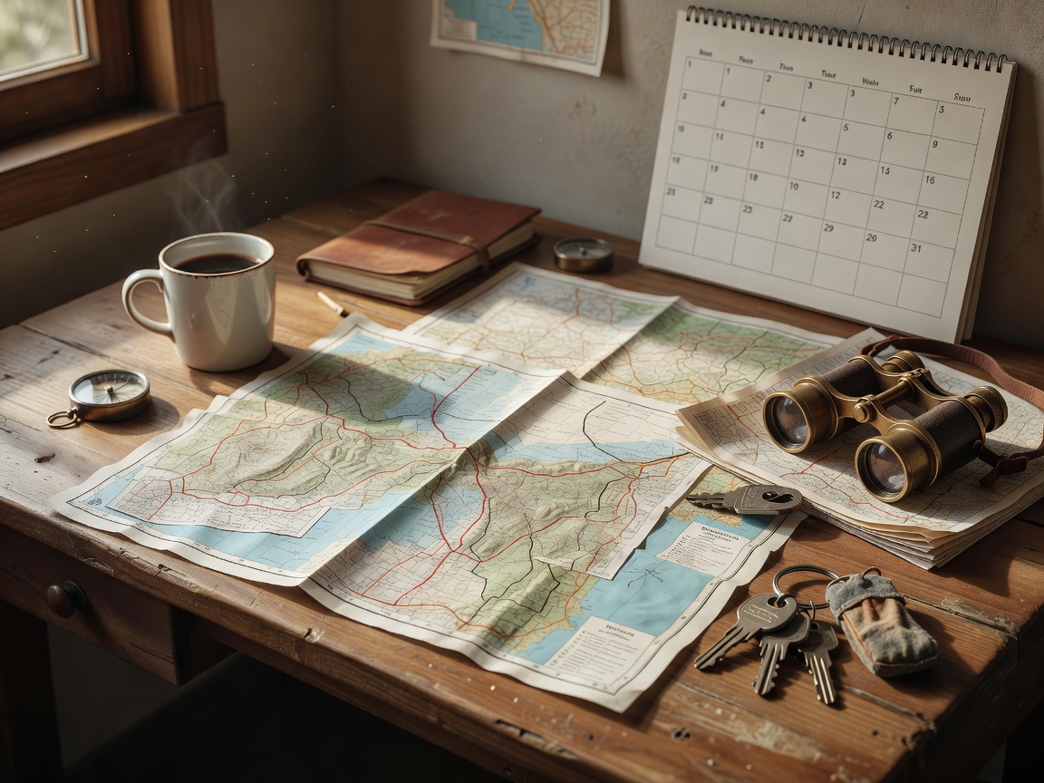 A desk with travel maps, a calendar, and motorhome keys