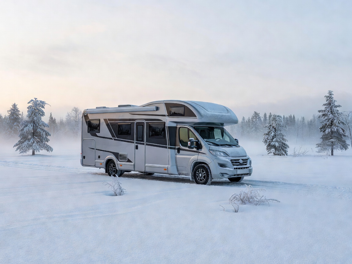 A modern motorhome parked in a serene, frosted winter landscape