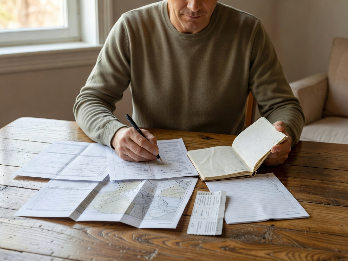 A person reviewing travel documents and a checklist at a wooden table
