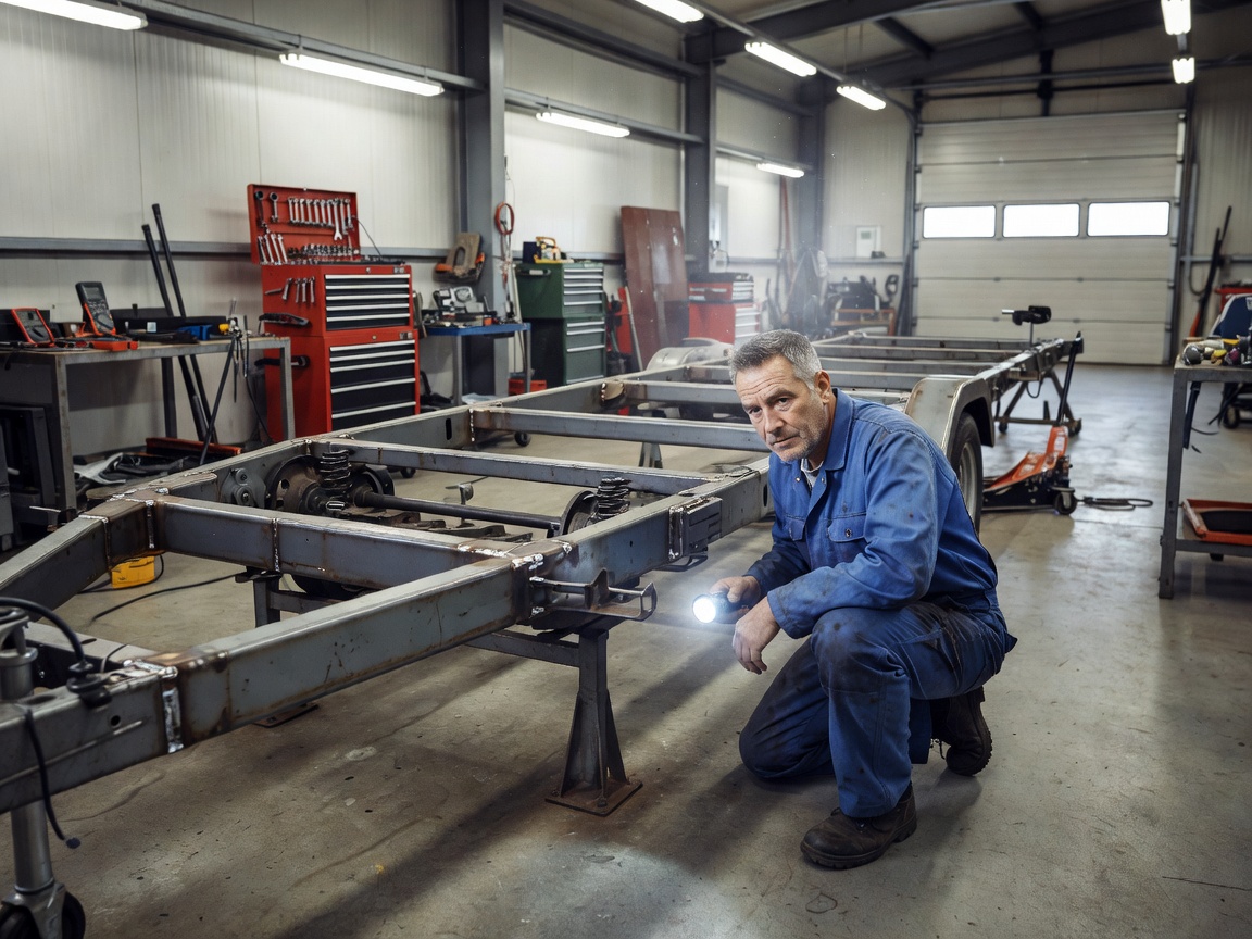 A technician inspecting a caravan chassis in a well-lit workshop
