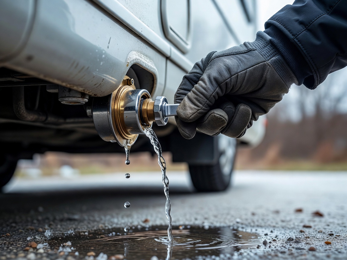 Close up of a motorhome water drain valve being opened for winter