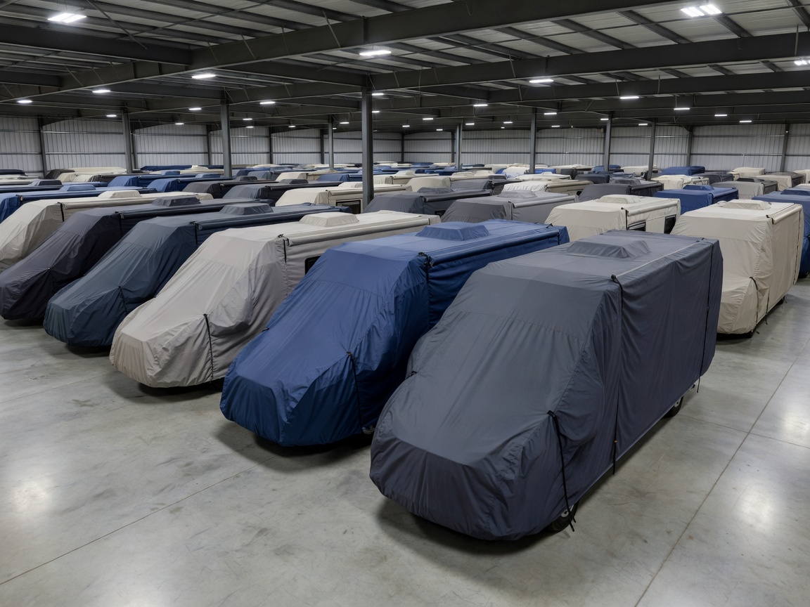 Covered motorhomes in a spacious indoor storage facility