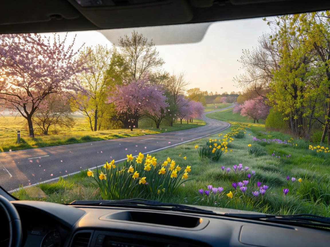 Driver's view out of a motorhome window on a bright spring morning