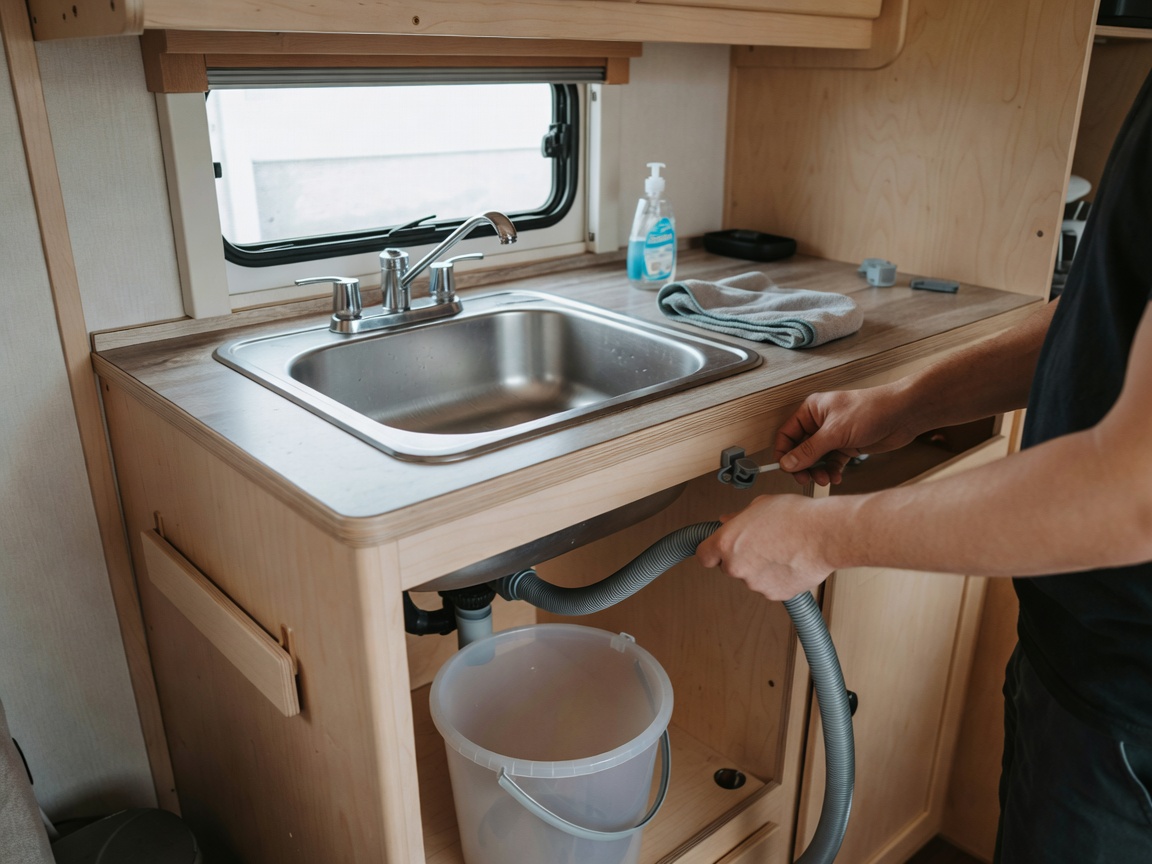 Motorhome interior with visible sink and draining system being prepped