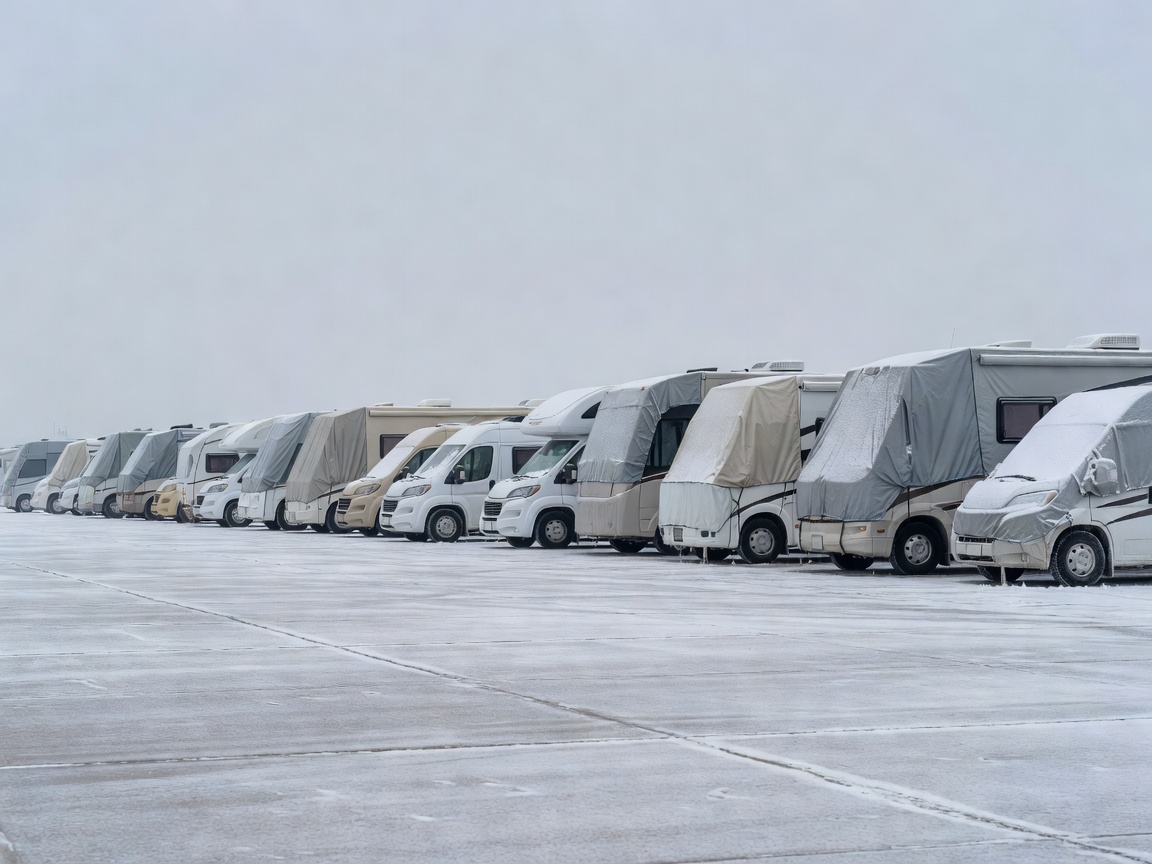 Motorhomes neatly parked in a row at a winter storage facility