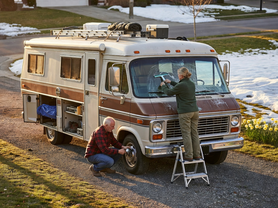 Sunlight hitting a motorhome being prepared for spring travel