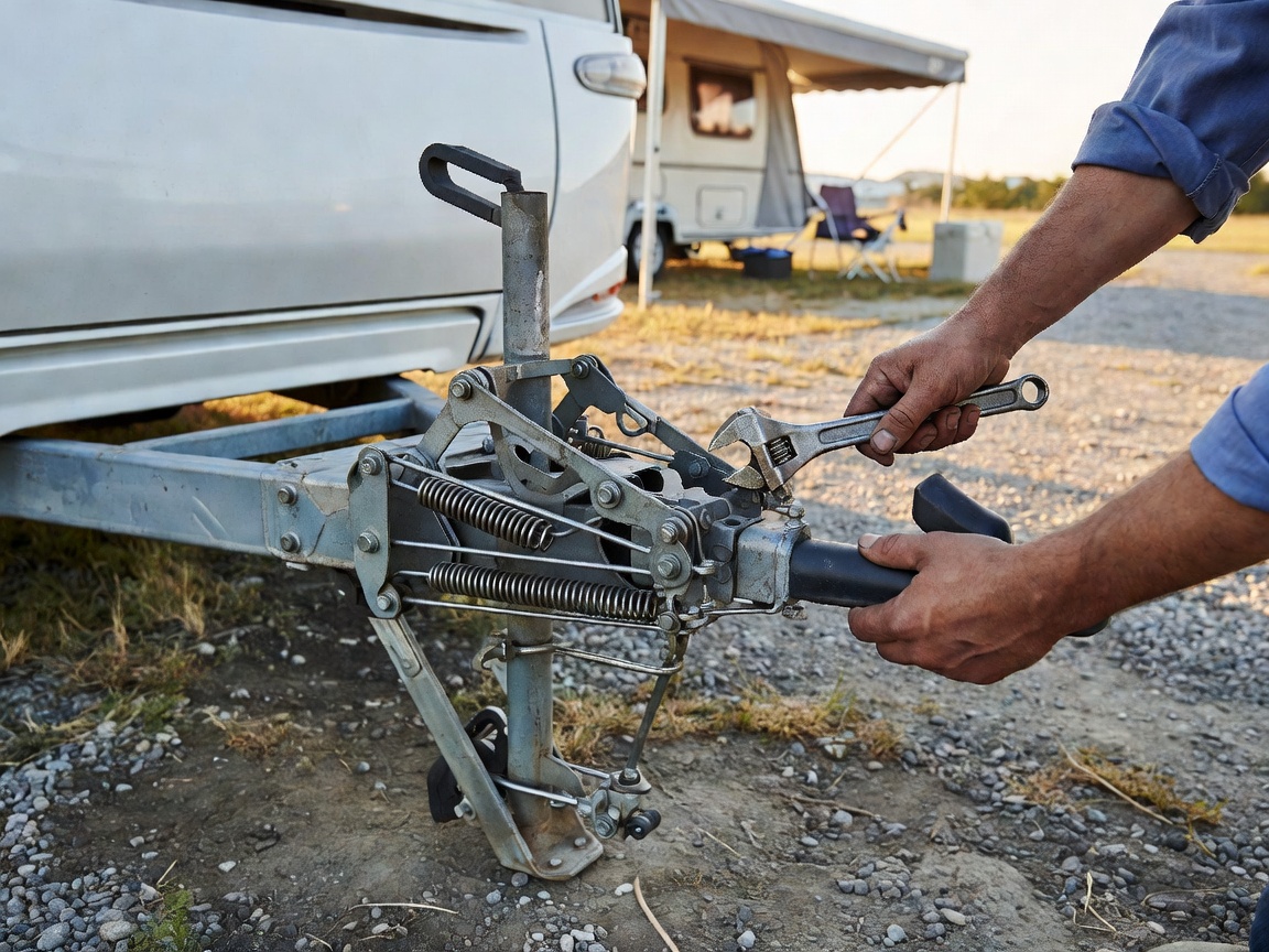 View of a caravan hitch and braking system being inspected